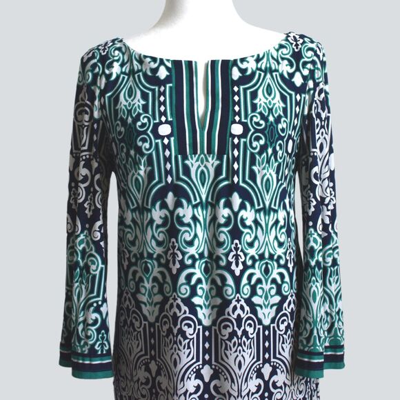 LAUNDRY By Design Mosaic Flared Bell Sleeve Shift Dress Green 8 - Picture 4 of 7